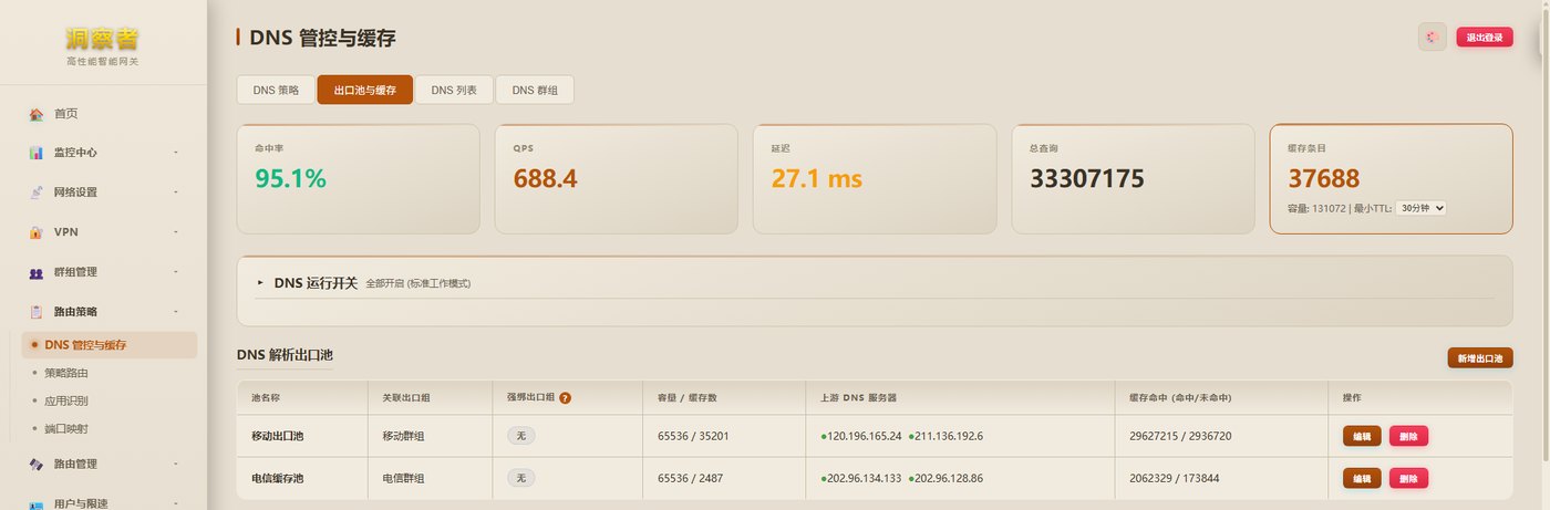 DNS 管控与缓存:命中率 95.1%,移动与电信各自出口池
